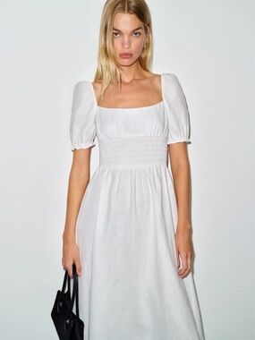 NEW Reformation Adler Linen Midi Smocked Puff Sleeve Dress White | US 4 UK 8